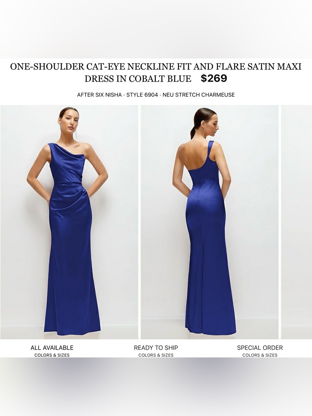 After Six Royal Blue One-Shoulder Satin Gown
